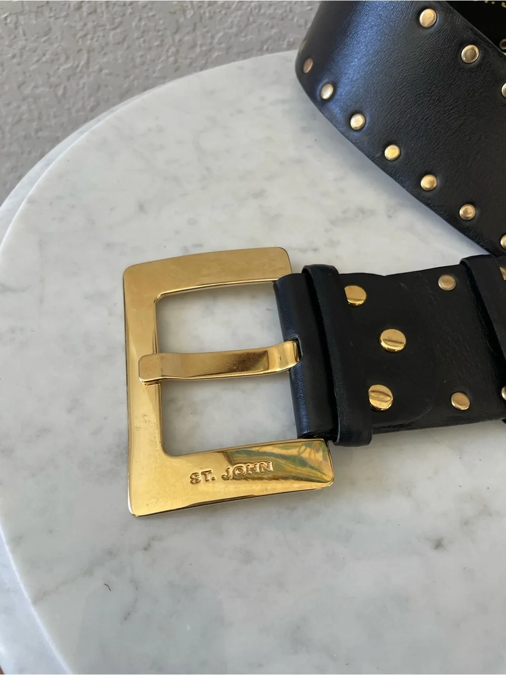 St. John Black Leather‎ Studded Belt Gold Hardware Minimalist Western Size 30
